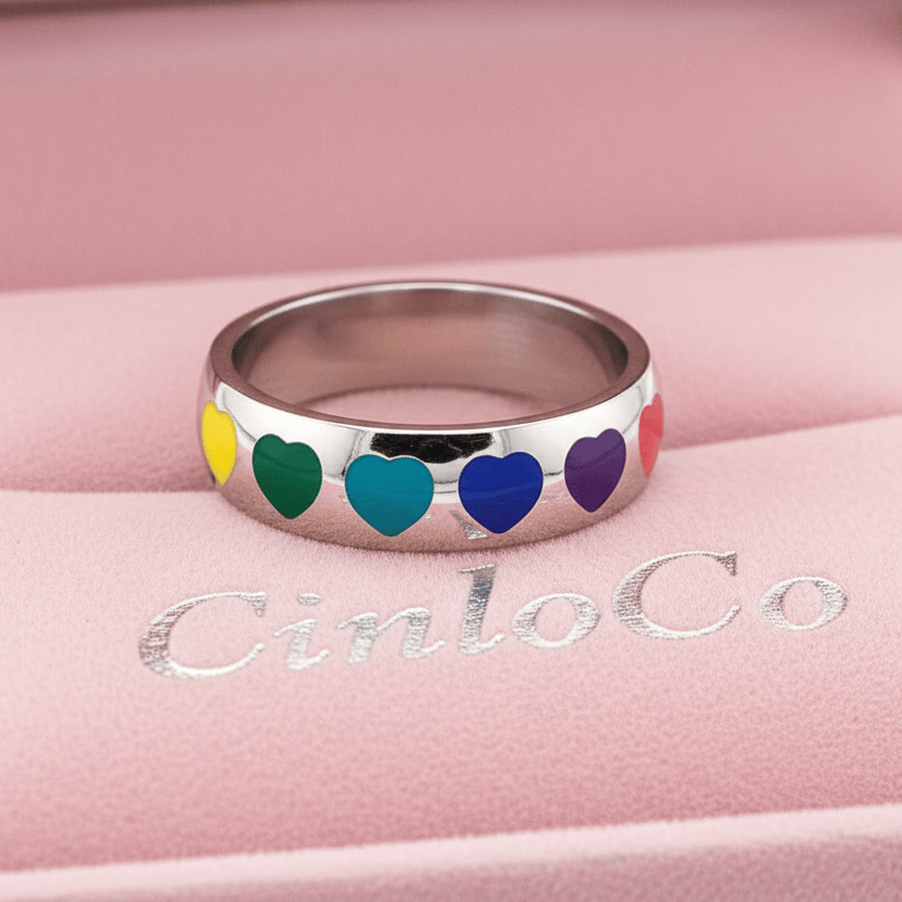 Rainbow Hearts Silver Ring Band