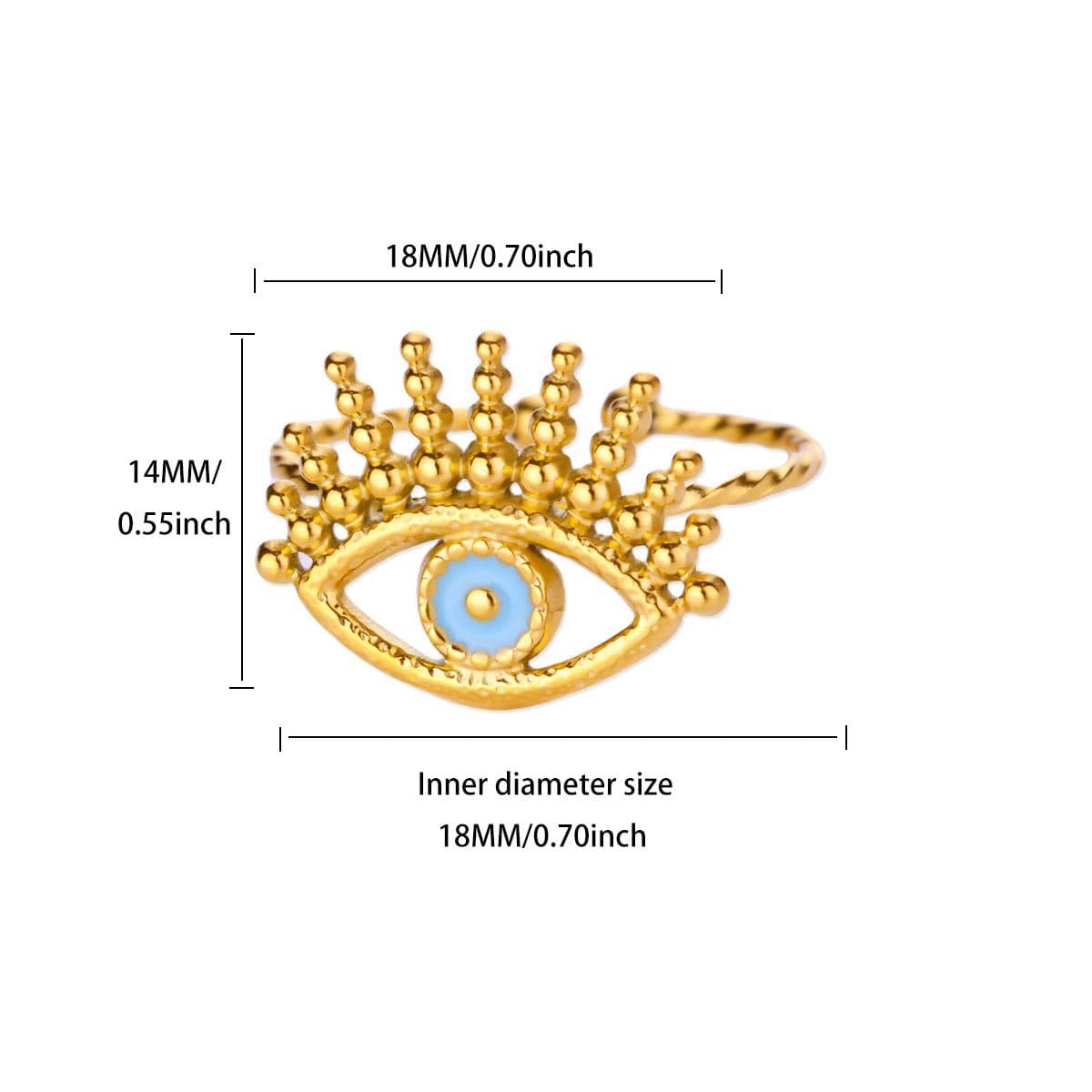 Gold ring with eye design and measurements on a white background