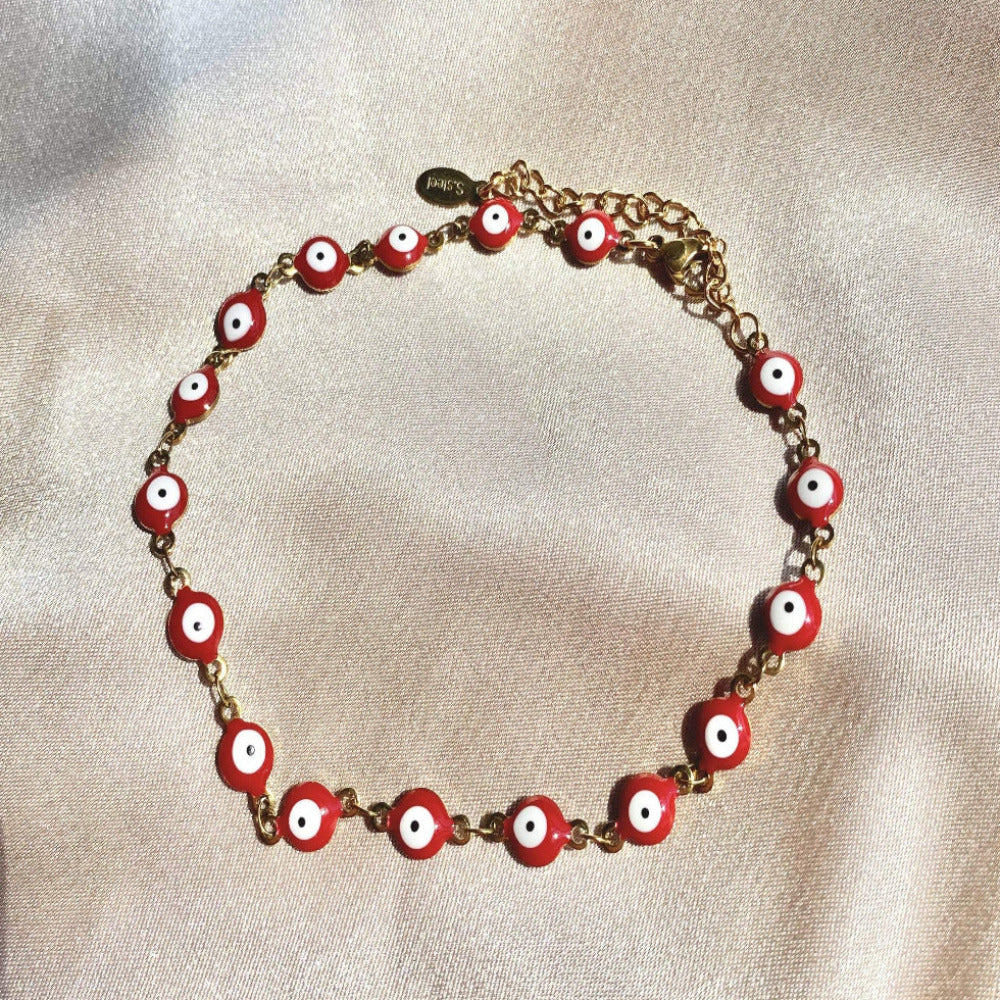 Red evil eye anklet with gold chain - CinloCo