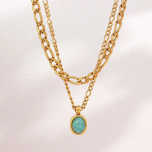 Vintage Figaro Chain and Oval Amazonite Necklace - CinloCo