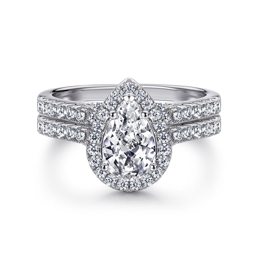 The Jasmine ring set is a Pear cut halo moissanite sterling silver ring - CinloCo
